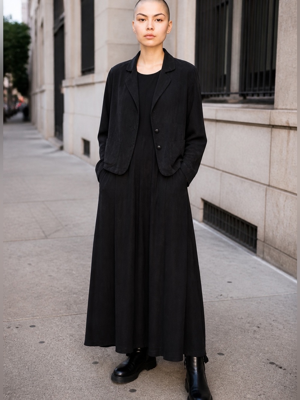 90s SHARI J 2 PC BLACK RELAXED FIT SLEEVELESS MAXI DRESS & CROPPED JACKET SZ M